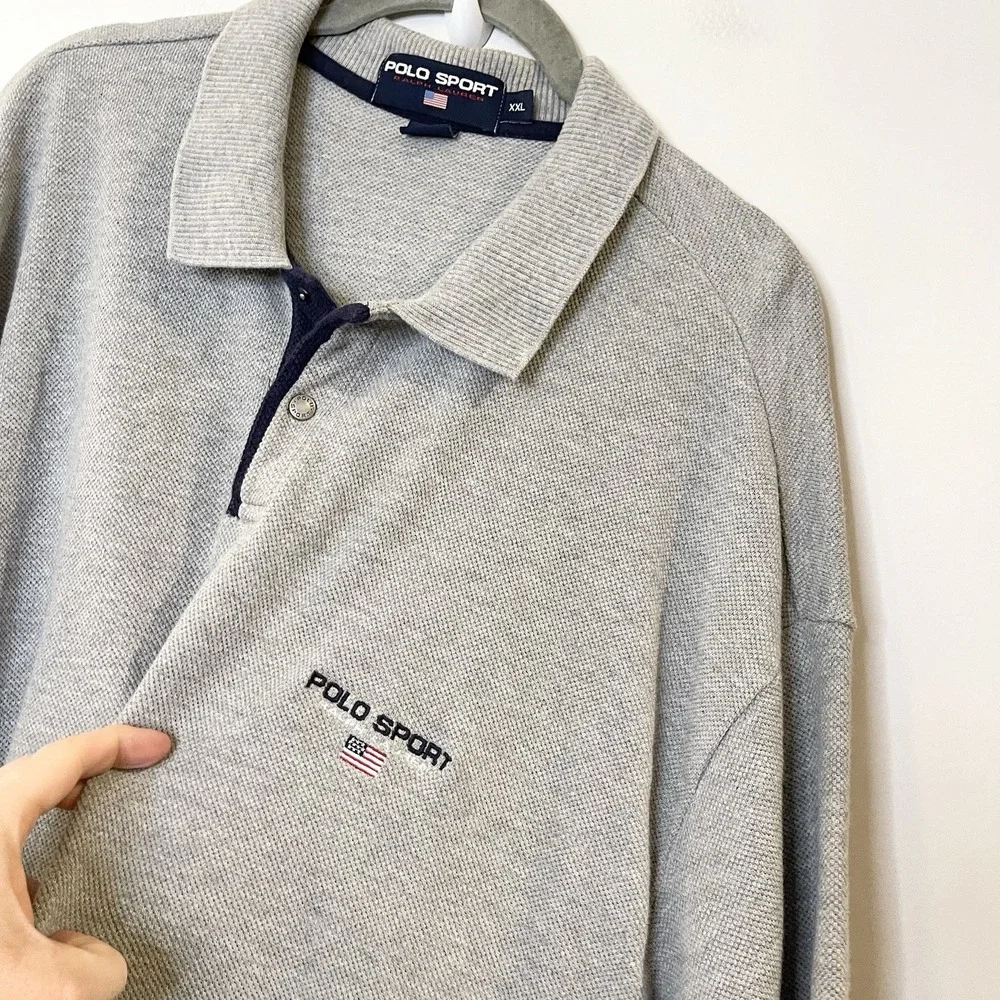 Vintage‎ Polo Ralph Lauren Short Sleeve Rugby Shirt Gray Embroidered Flag Preppy